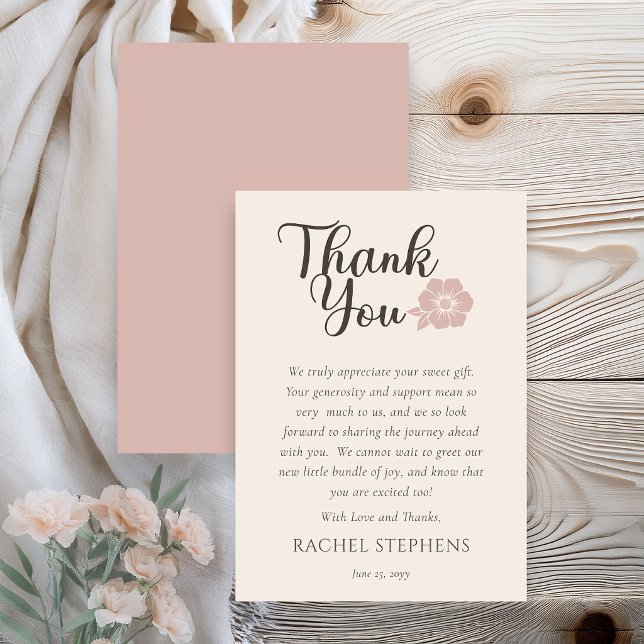 Botanical Baby Shower Thank You Card Blush Pink (Elegant botanical baby shower thank you card with pink floral accent on neutral background )