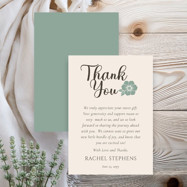 Botanical Baby Shower Thank You Card Sage (Elegant botanical baby shower thank you card with sage green floral accent on neutral background)