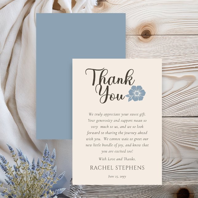 Botanical Baby Shower Thank You Card Sage Blue (Elegant botanical baby shower thank you card with blue sage floral accent on neutral background)