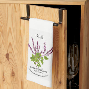 Botanical Basil Plant Art flowers, and Text Tea Towel