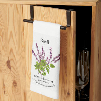 Botanical Basil Plant Art flowers, and Text Tea Towel