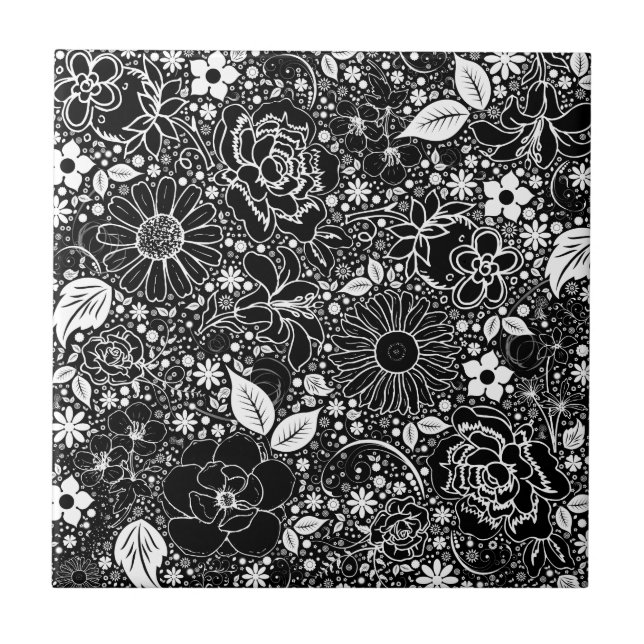 Botanical Beauties Black and White Tile (Front)