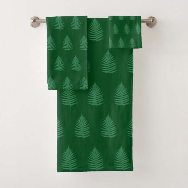 Botanical Beautiful Fern Leaves on Forest Green Bath Towel Set (Insitu)