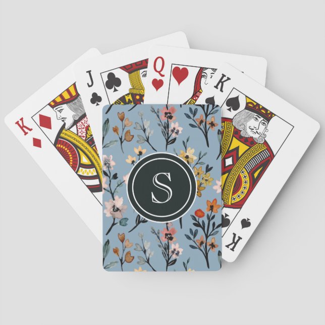 Botanical Beauty: Baby Blue Watercolor Monogrammed Playing Cards (Back)