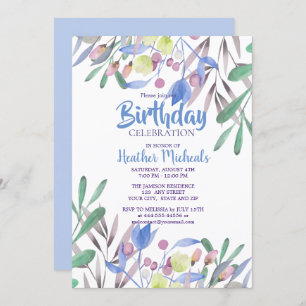 Botanical Beauty Blue Watercolor Womans Birthday Invitation