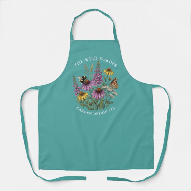 Botanical Bee & Butterfly Teal Apron (Front)