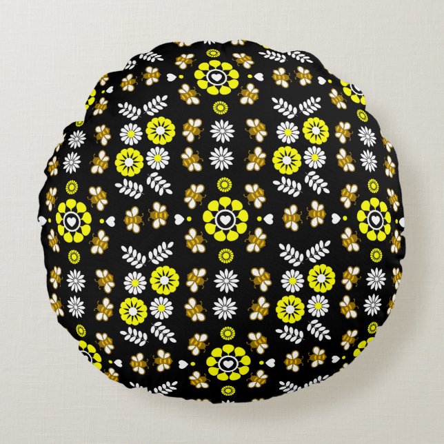 Botanical Bee Flower Pattern Round Cushion (Front)