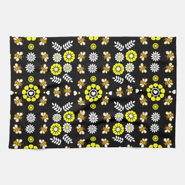 Botanical Bee Flower Pattern Tea Towel (Horizontal)