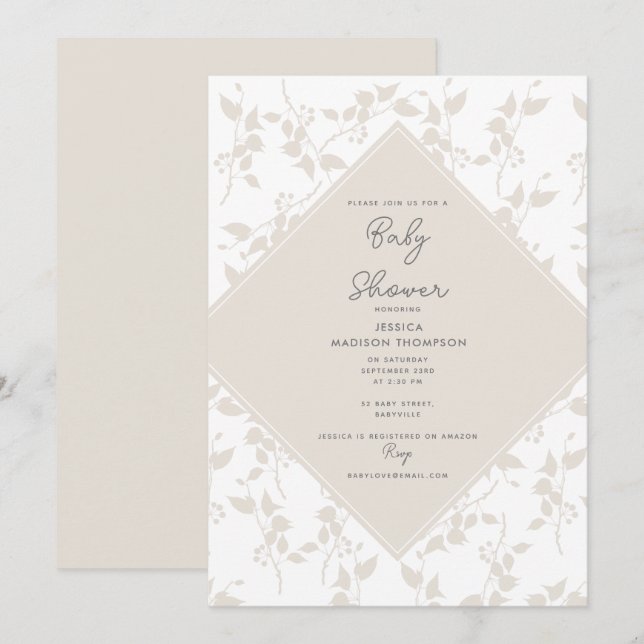 Botanical Beige Decorative Leaf Baby Shower Invitation (Front/Back)
