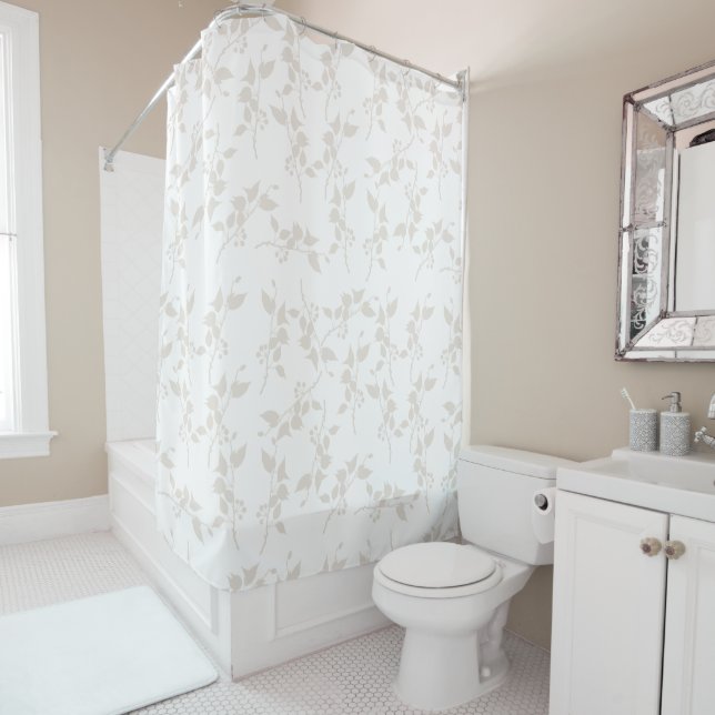 Botanical Beige Decorative Leaf Pattern Shower Curtain (In Situ)