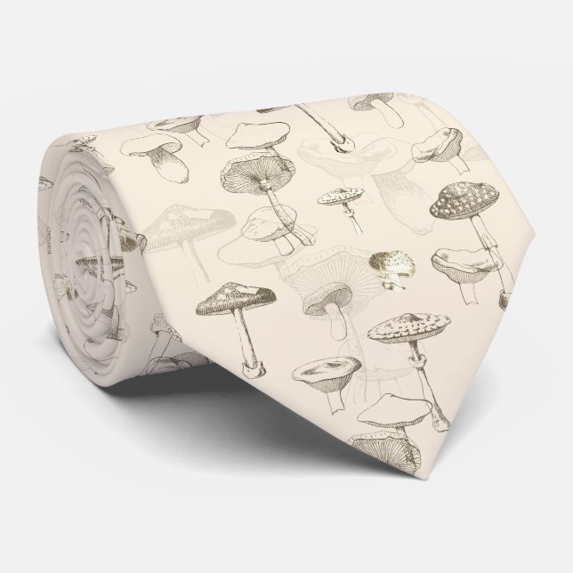 Botanical Beige Forest Mushroom Pattern Tie (Rolled)