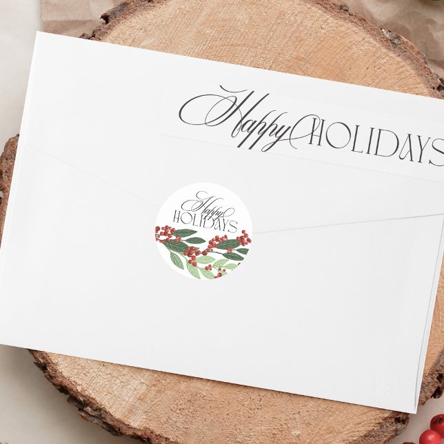 Botanical Berry Happy Holiday Christmas Envelope Classic Round Sticker (Creator Uploaded)