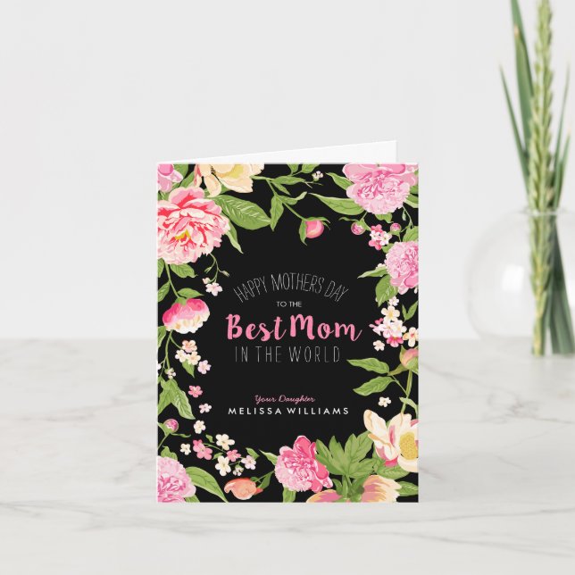 Botanical Best Mum-Pink Glitter Text Roses Frame Card (Front)