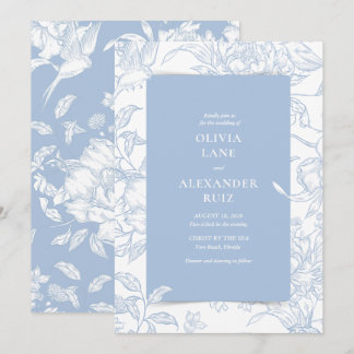 Botanical Bird French Blue Floral Wedding Invitation