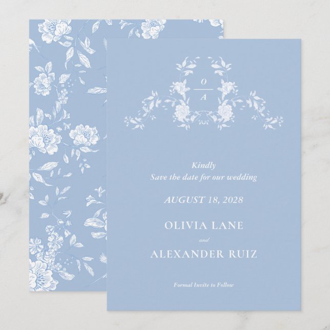 Botanical Bird French Blue Floral Wedding Save The Date (Front/Back)
