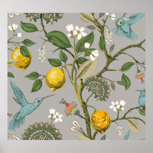 Botanical Birds Flowers: Drawn Vintage Wallpaper Poster