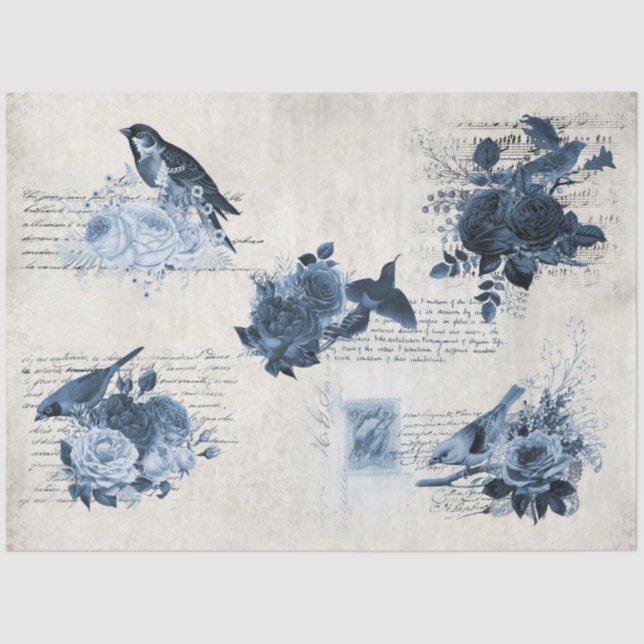 Botanical Birds Vintage Blue Flowers Decoupage Tissue Paper (Front)