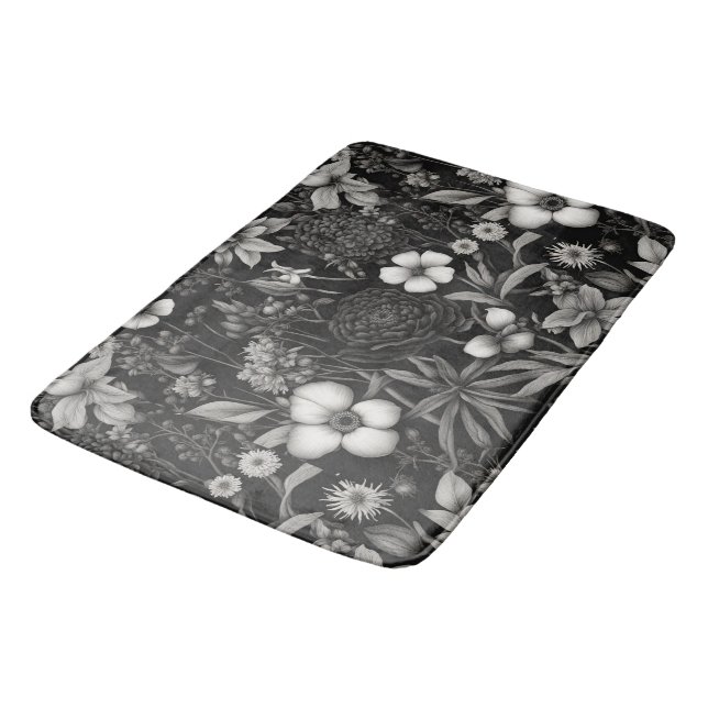 Botanical black and white flowers bath mat (Angled)