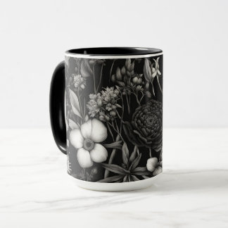 Botanical black and white flowers mug