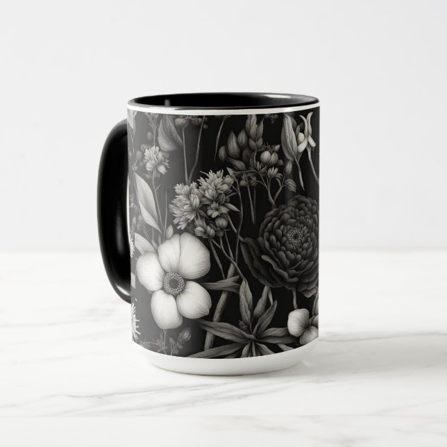 Botanical black and white flowers mug (Front Left)