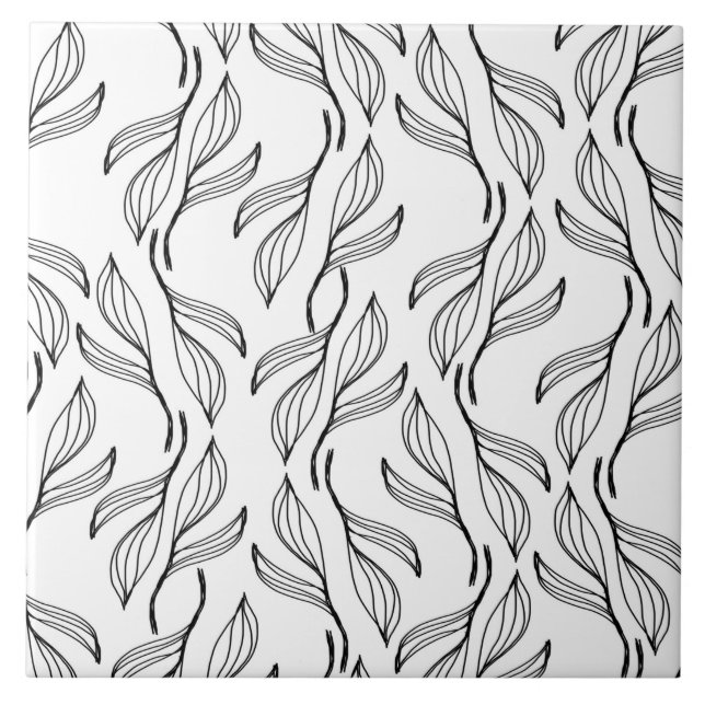 Botanical Black and White Leaves Art Pattern Tile (Front)
