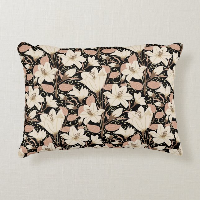 Botanical Black Beige Lily Floral Pattern   Decorative Cushion (Front)