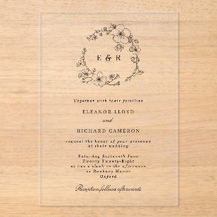 Botanical Black Floral Wreath Monogram Wedding Acrylic Invitations