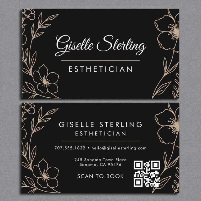 Botanical Black QR Code Aesthetician Floral Business Card (Creator Uploaded)