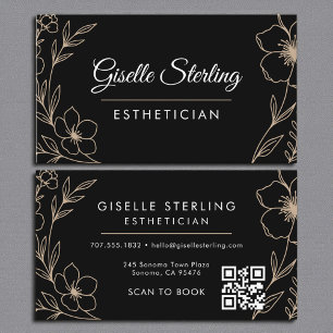 Botanical Black QR Code Esthetician Floral Business Card