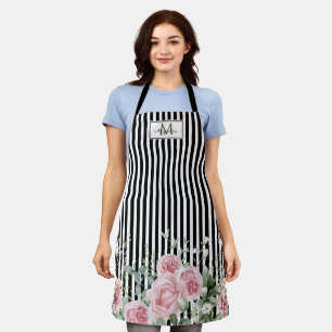 Botanical Black Stripe Script Name Monogram Apron