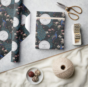 Botanical Black Wedding Peacock & Flowers  Wrapping Paper