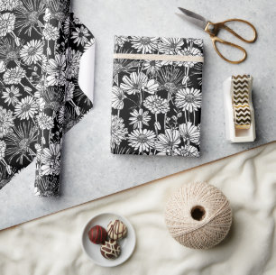 Botanical Black White Daisies Floral Art Pattern Wrapping Paper