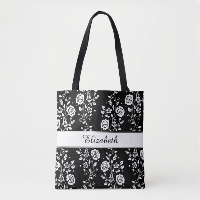 Botanical Black & White Floral Flowers Pattern Tote Bag (Front)