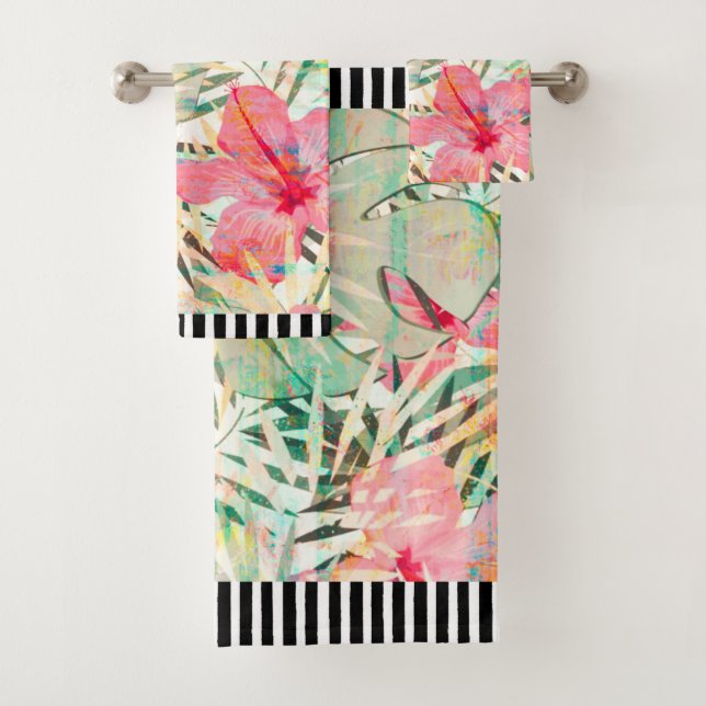Botanical Black & White Striped Towel Set (Insitu)