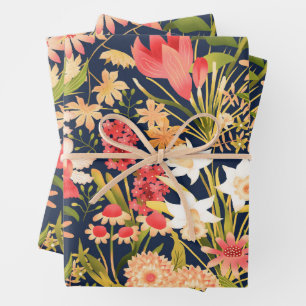 Botanical Black Wrapping Paper Flat Sheet Set of 3