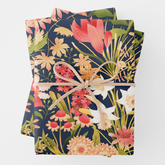 Botanical Black Wrapping Paper Flat Sheet Set of 3 (In situ)