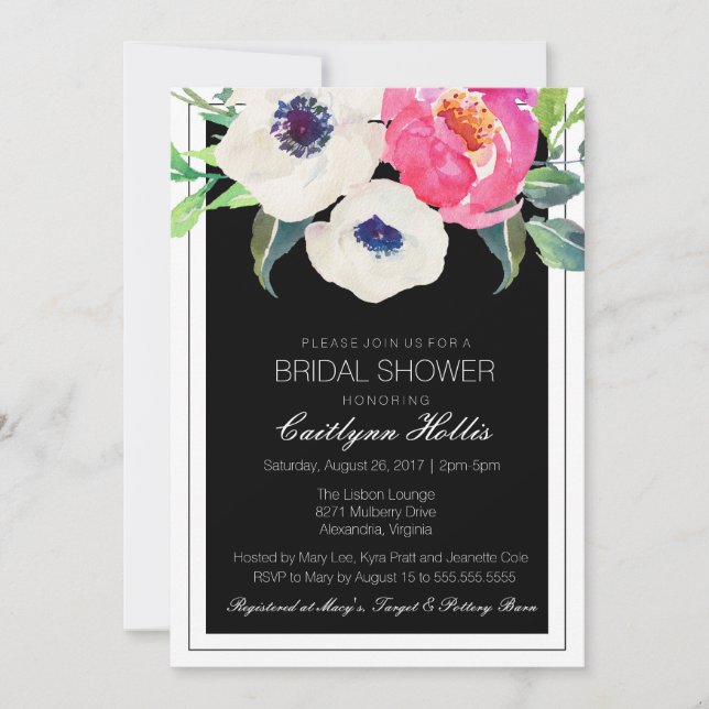 Botanical Bliss Black White Floral Bridal Shower Invitation (Front)