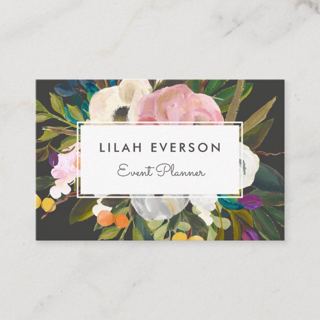 Botanical Bliss | Elegant Painted Floral | Black Business Card (Front)