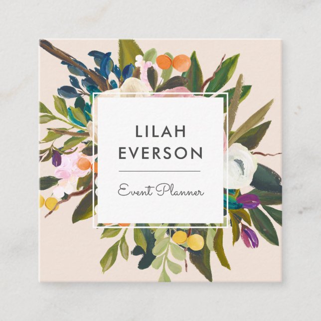 Botanical Bliss | Elegant Painted Floral | Cream Square Business Card (Front)