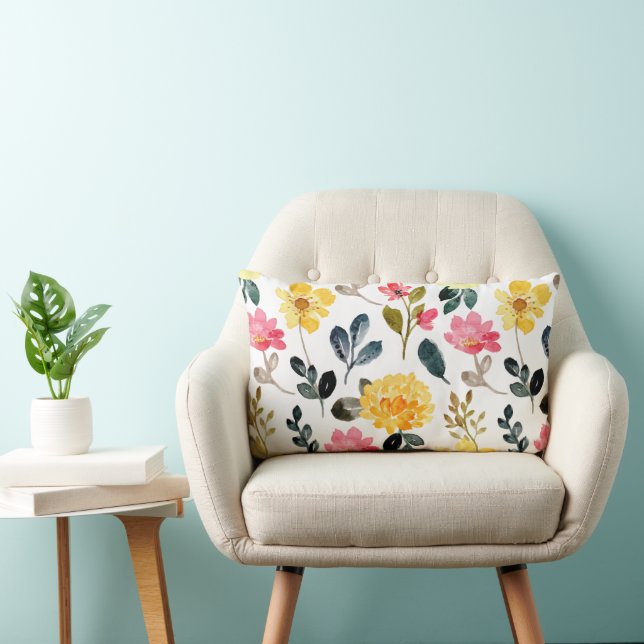 Botanical Bliss – Pink & Yellow Watercolor Flowers Lumbar Cushion (Chair)
