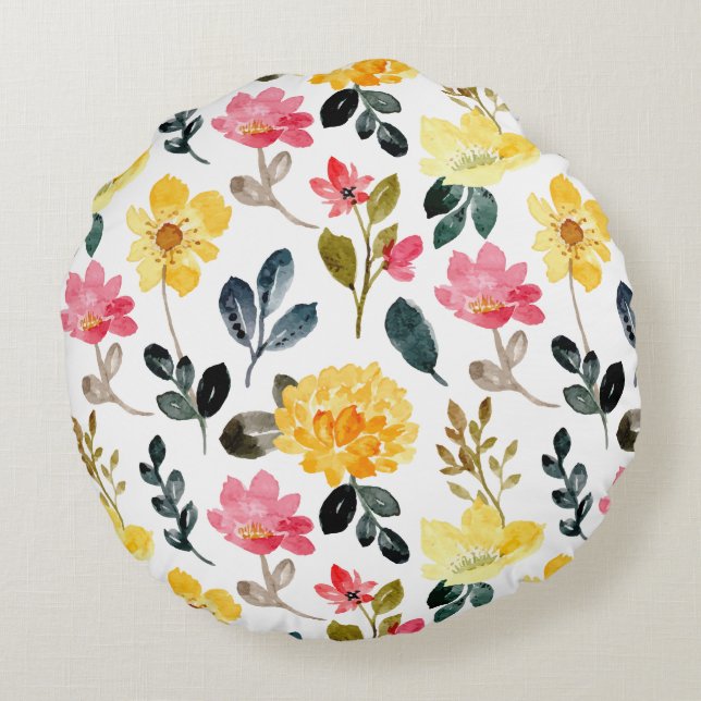 Botanical Bliss – Pink & Yellow Watercolor Flowers Round Cushion (Back)
