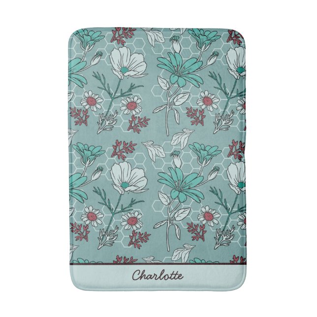 Botanical bloom floral pattern personalised name bath mat (Front Vertical)