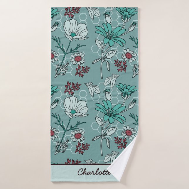 Botanical bloom floral pattern personalised name  bath towel (Bath Towel)