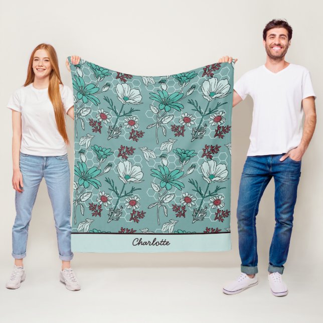 Botanical bloom floral pattern personalised name  fleece blanket (In Situ)