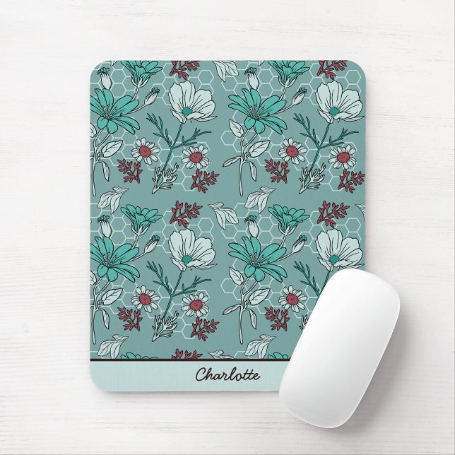 Botanical bloom floral pattern personalised name mouse mat (With Mouse)