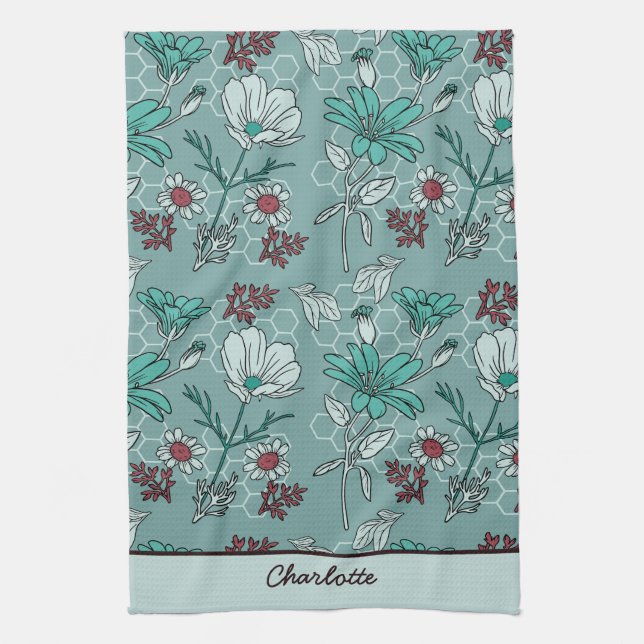 Botanical bloom floral pattern personalised name  tea towel (Vertical)