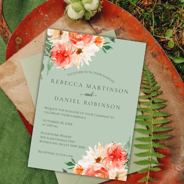 Botanical Blooms on Sage Green Wedding Invitation (Creator Uploaded)