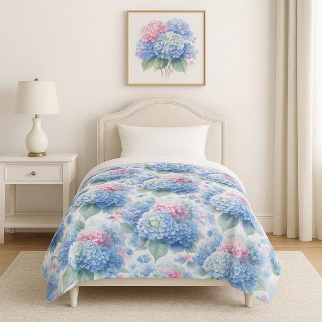Botanical blue and pink Hydrangea  Fleece Blanket (Large (60x80) blanket shown on twin size bed.  Blanket is smaller than shown )