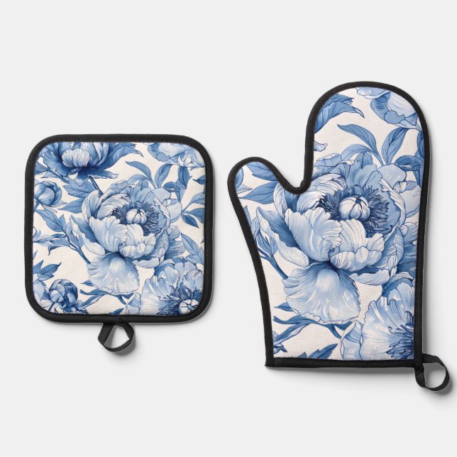 Botanical Blue and White Elegant Floral Pattern Oven Mitt & Pot Holder Set (Front)