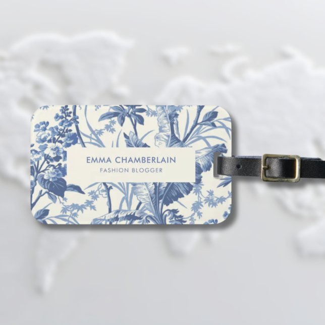 Botanical Blue and White Modern Vintage Luggage Tag (Blue and White Floral Luggage tag with vintage and feminine style)
